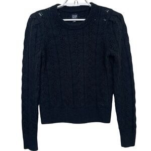 GAP Womens Black Cable Open Knit Sweater S Puff Sleeve Fisherman‎ Wool Blend